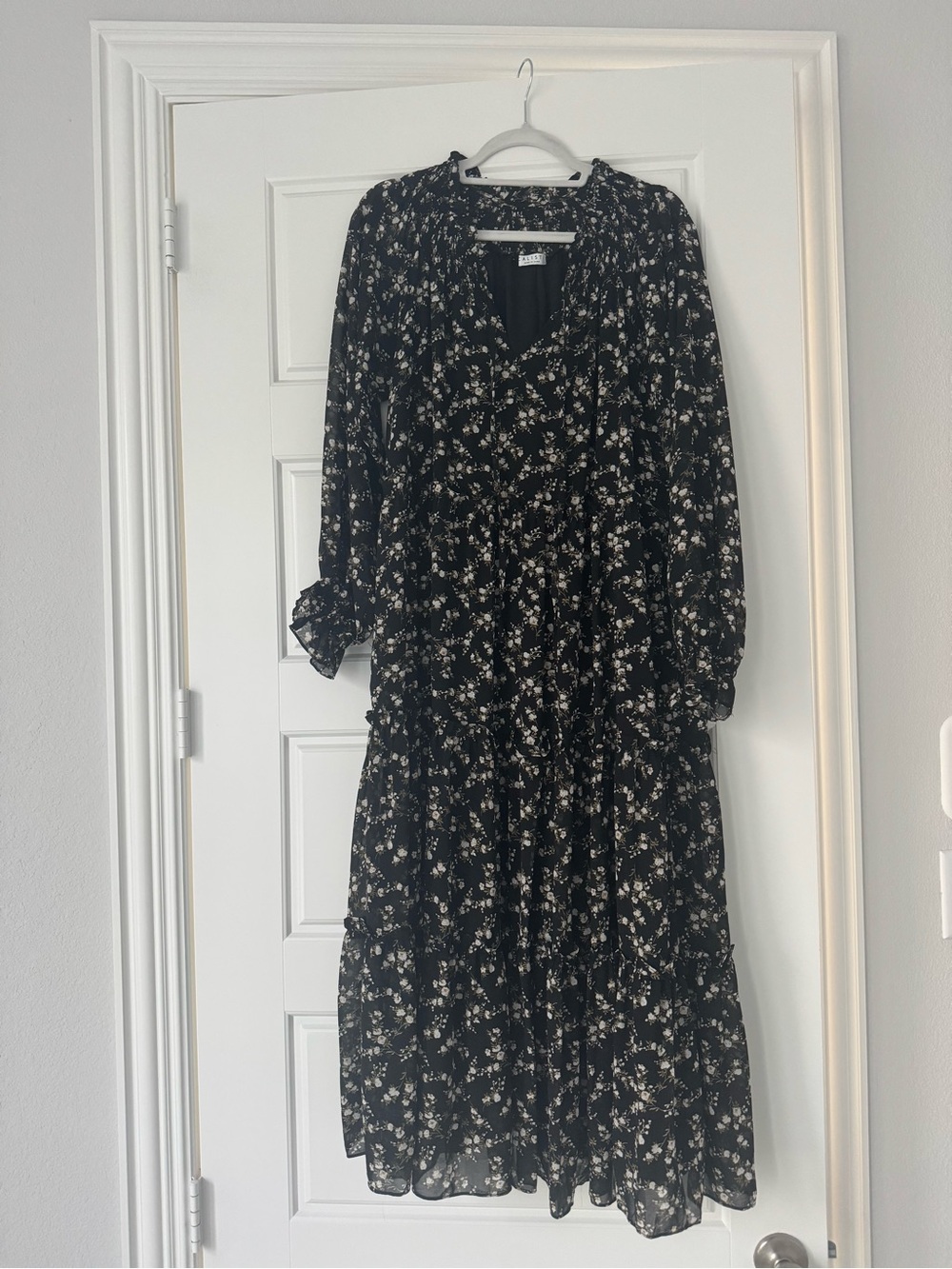 Pinkblush Maternity Black Floral Tiered Midi Dress with Cream Blossoms